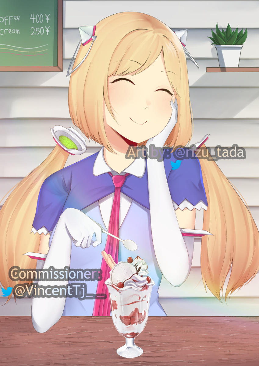 1girl, absurdres, aki_rosenthal, blonde_hair, blush, chalkboard, chocolate_syrup, closed_eyes, closed_mouth, commission, dessert, detached_hair, english_commentary, eyebrows_visible_through_hair, food, hand_on_own_face, highres, holding, holding_spoon, hololive, ice_cream, long_hair, rizu_pann, second-party_source, spoon, sundae, twitter_logo, twitter_username, virtual_youtuber, wafer_stick, whipped_cream
