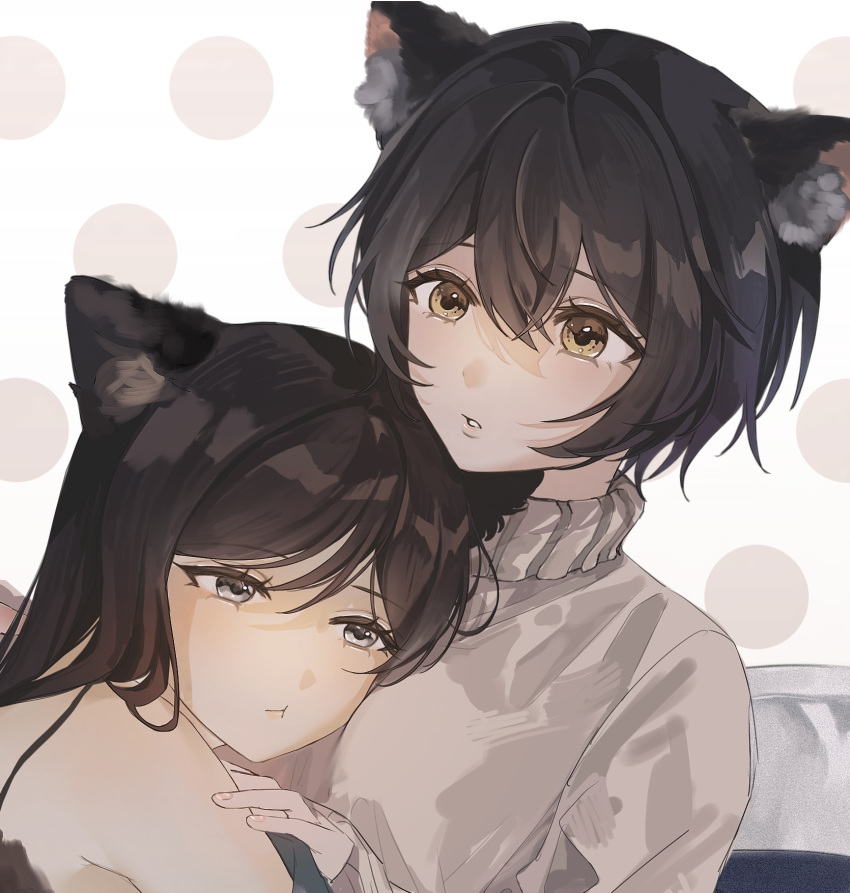 2girls, :t, animal_ears, aoyagi_tsubaki, black_hair, brown_eyes, cat_ears, commentary