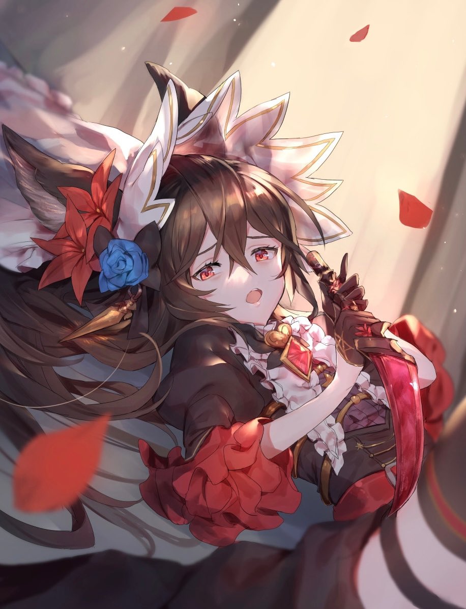 1girl, animal_ears, bangs, belt, black_dress, black_gloves, black_hair, blue_flower