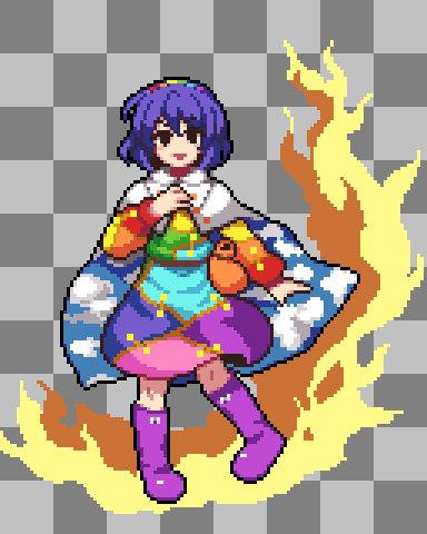 1girl, :d, bag, bangs, boots, cape, checkered, checkered_background