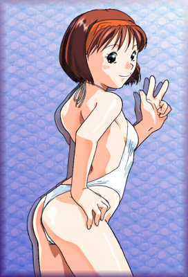 1girl, ass, bangs, black_eyes, blush_stickers, brown_hair, casual_one-piece_swimsuit, cowboy_shot