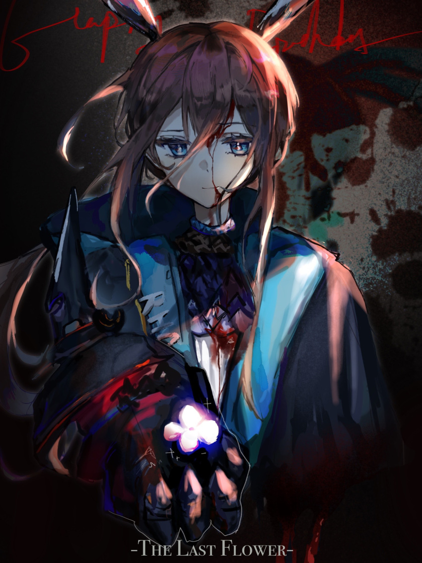 1girl, amiya_(arknights), amiya_(guard)_(arknights), animal_ears, arknights, ascot, black_background, black_coat, blood, blood_on_clothes, blood_on_face, blood_on_wall, blue_coat, blue_eyes, brown_hair, chinese_commentary, closed_mouth, coat, commentary_request, cursive, english_text, flower, frilled_ascot, frills, grey_background, highres, holding, holding_flower, incoming_gift, kkkovo, long_hair, long_sleeves, looking_at_viewer, purple_neckwear, rabbit_ears, smile, solo, upper_body
