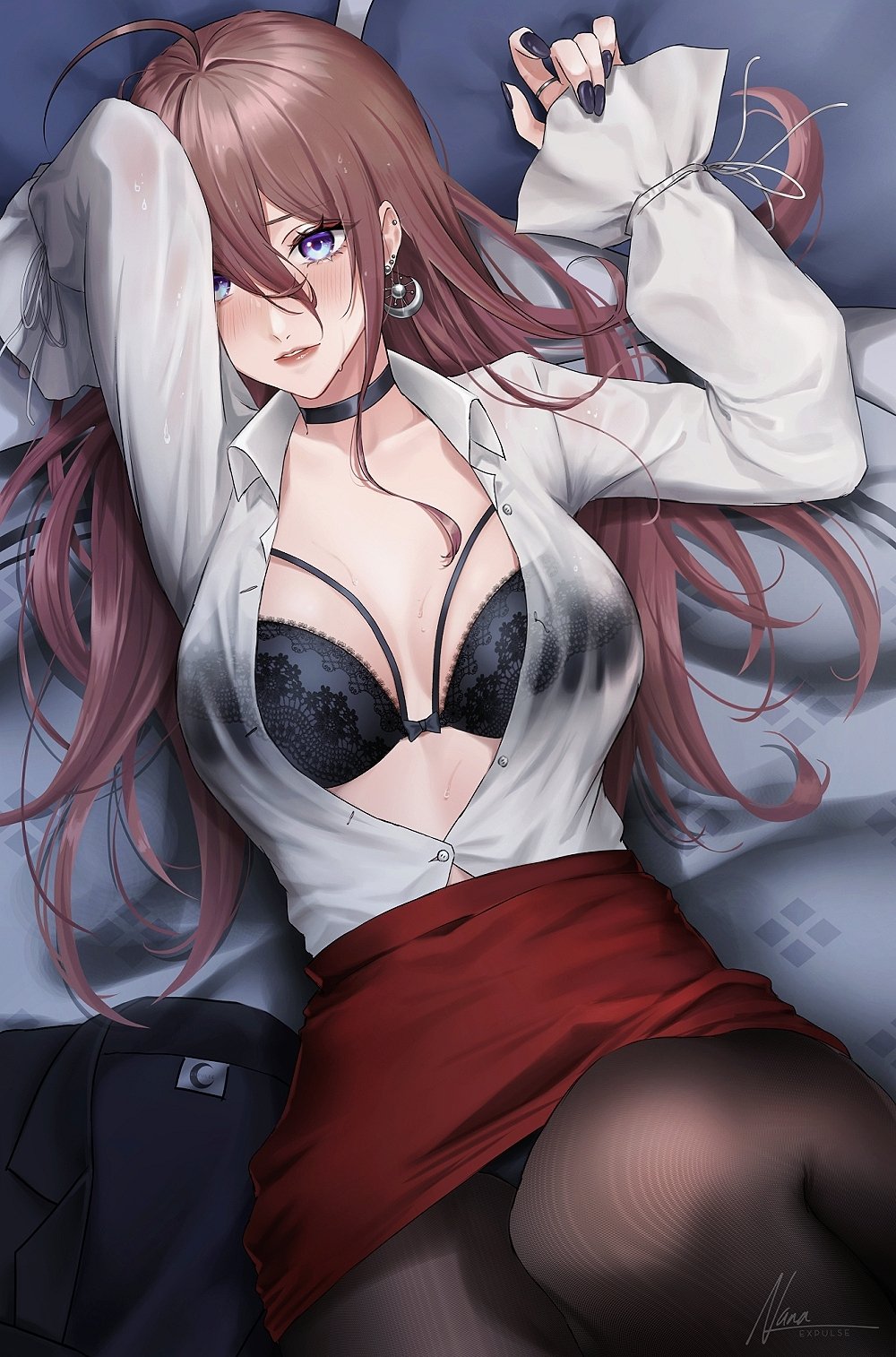 1girl, ahoge, bed, bed_sheet, black_bra, black_jacket, black_legwear, black_nails