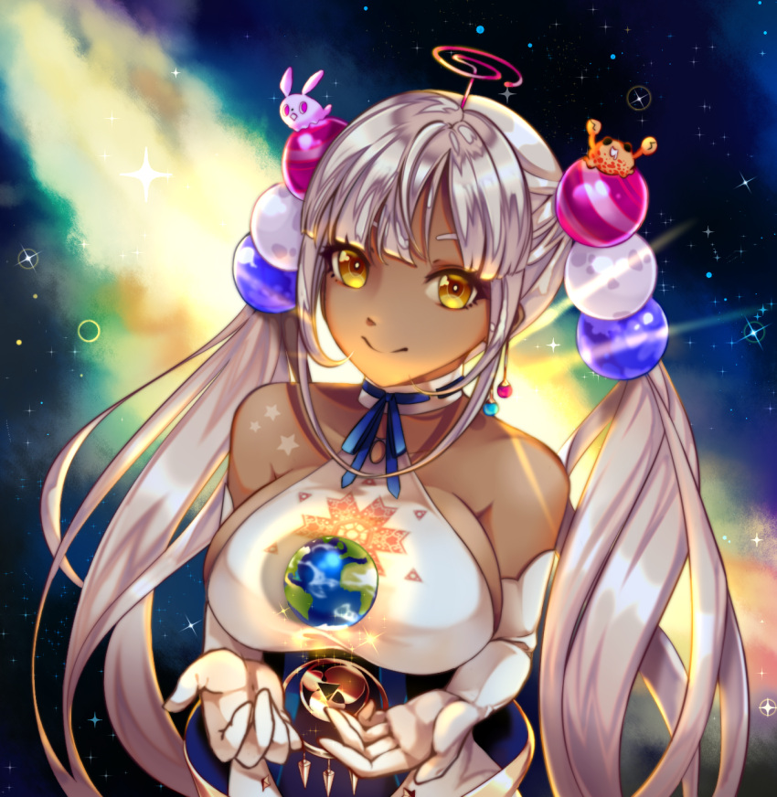 1girl, bangs, bare_shoulders, blunt_bangs, breasts, closed_mouth, dark-skinned_female, dark_skin, earrings, elbow_gloves, gloves, hair_ornament, halter_top, halterneck, highres, hololive, hololive_english, jewelry, kaniko_(tsukumo_sana), large_breasts, long_hair, looking_at_viewer, planet_hair_ornament, sidelocks, silver_hair, single_earring, skin_tight, smile, solo, sygnallost, tsukumo_sana, twintails, underbust, usaslug_(tsukumo_sana), very_long_hair, virtual_youtuber, white_gloves, yellow_eyes