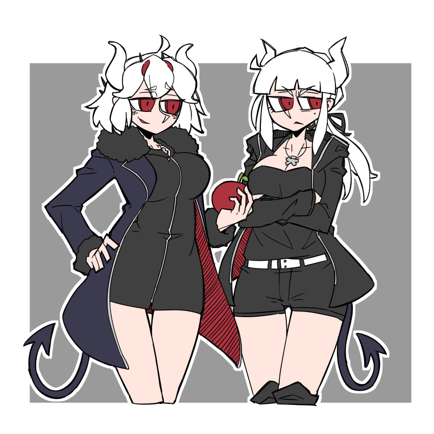2girls, :<, absurdres, apple, artoria_pendragon_(fate), beelzebub_(helltaker), black_shorts, blue_jacket, boots, breasts, cosplay, cropped_legs, demon_girl, demon_horns, demon_tail, fate/grand_order, fate_(series), food, frown, fruit, fur_trim, hand_on_hip, helltaker, highres, horns, jacket, jeanne_d'arc_(alter)_(fate), jeanne_d'arc_(alter)_(fate)_(cosplay), jeanne_d'arc_(fate), jet_black_king_of_knights_ver._shinjuku_1999, large_breasts, lucifer_(helltaker), medium_hair, mole, mole_under_eye, multiple_girls, ponytail, red_eyes, saber_alter, saber_alter_(cosplay), sharaku_koji, shorts, smile, smug, tail, vanripper_(style), white_horns, wicked_dragon_witch_ver._shinjuku_1999