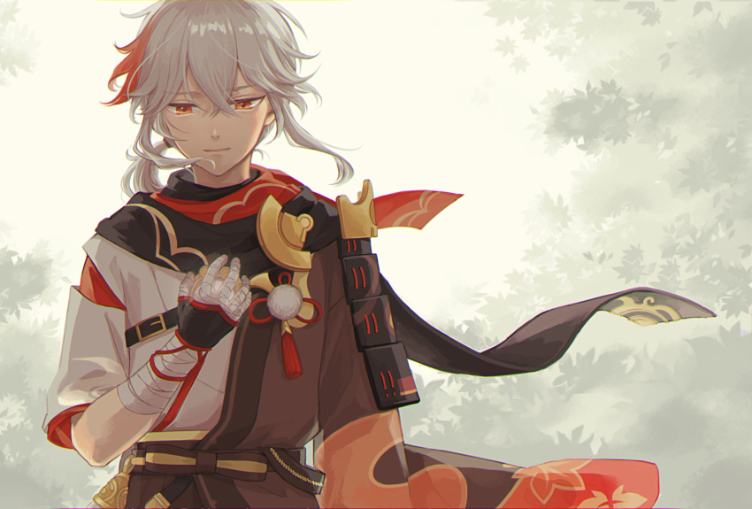 1boy, armor, bandaged_hand, bandages, bangs, black_gloves, closed_mouth, crossed_bangs