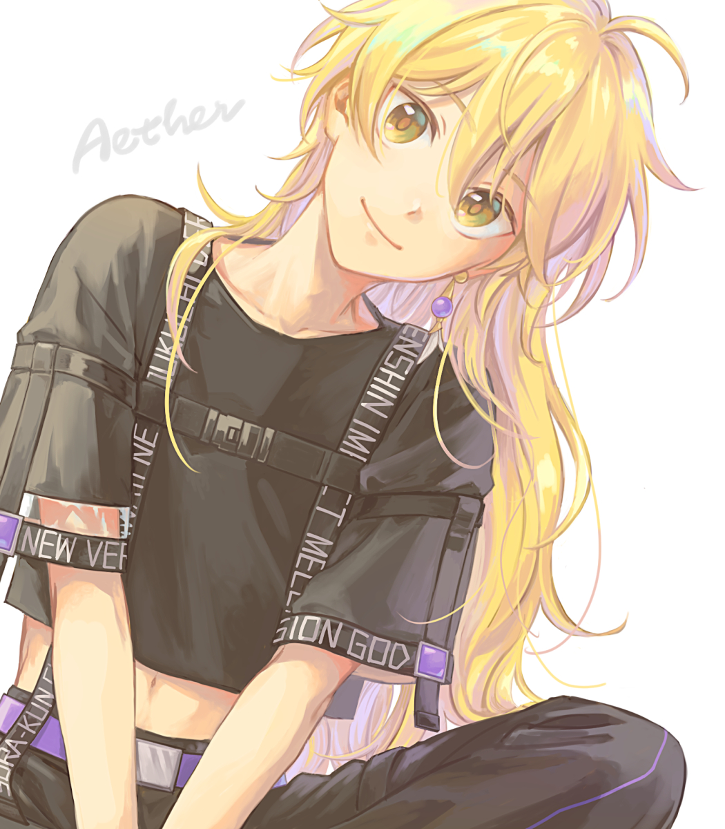 1boy, aether_(genshin_impact), ahoge, alternate_costume, bangs, black_pants, blonde_hair, character_name