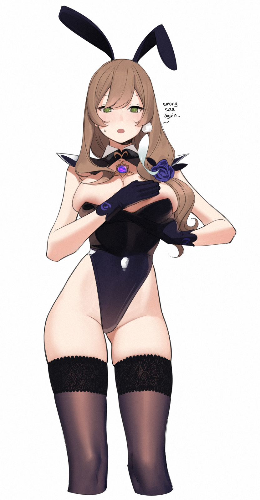1girl, abbystea, animal_ears, black_legwear, black_leotard, blush, breasts, brown_hair, cropped_legs, english_text, flower, genshin_impact, gloves, green_eyes, hair_flower, hair_ornament, highres, large_breasts, leotard, lisa_(genshin_impact), long_hair, open_mouth, playboy_bunny, rabbit_ears, simple_background, solo, thigh-highs, vision_(genshin_impact), white_background