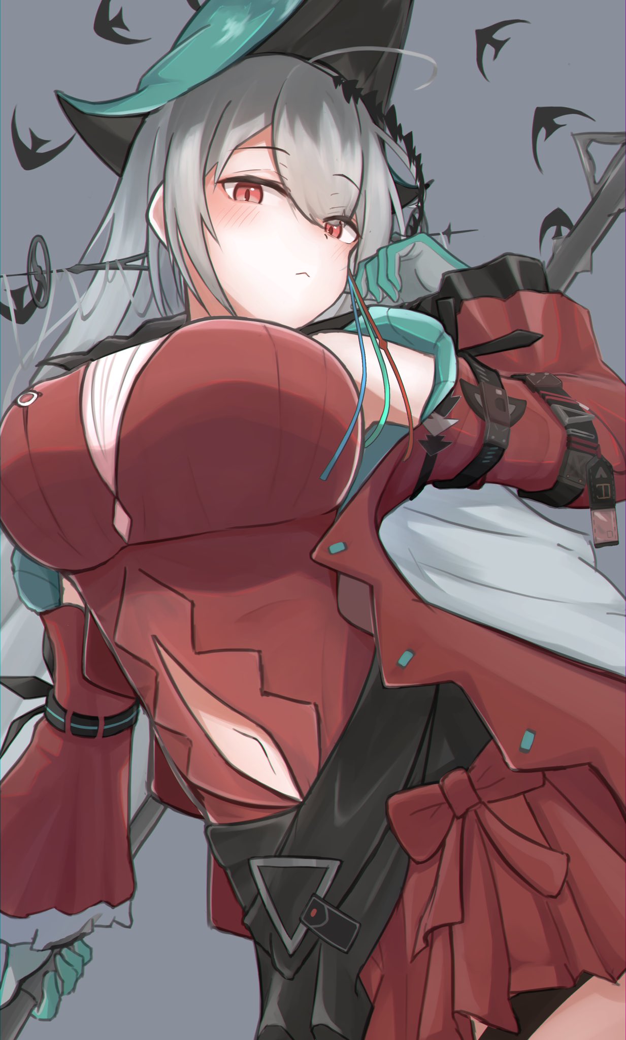 1girl, aoi_mochio, aqua_gloves, aqua_headwear, arknights, ascot, black_neckwear, black_sash, breasts, closed_mouth, clothing_cutout, dress, eyebrows_visible_through_hair, from_below, gloves, hat, highres, large_breasts, looking_at_viewer, looking_down, navel_cutout, official_alternate_costume, pointy_hat, red_dress, red_eyes, sash, silver_hair, skadi_(arknights), skadi_the_corrupting_heart_(arknights), solo, two-tone_gloves