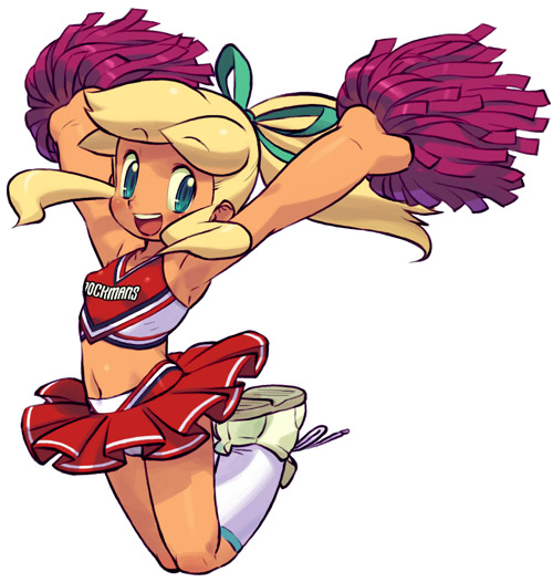 1girl, blonde_hair, blush, bow, cheerleader, flat_chest, green_eyes, ishikawa_hideki