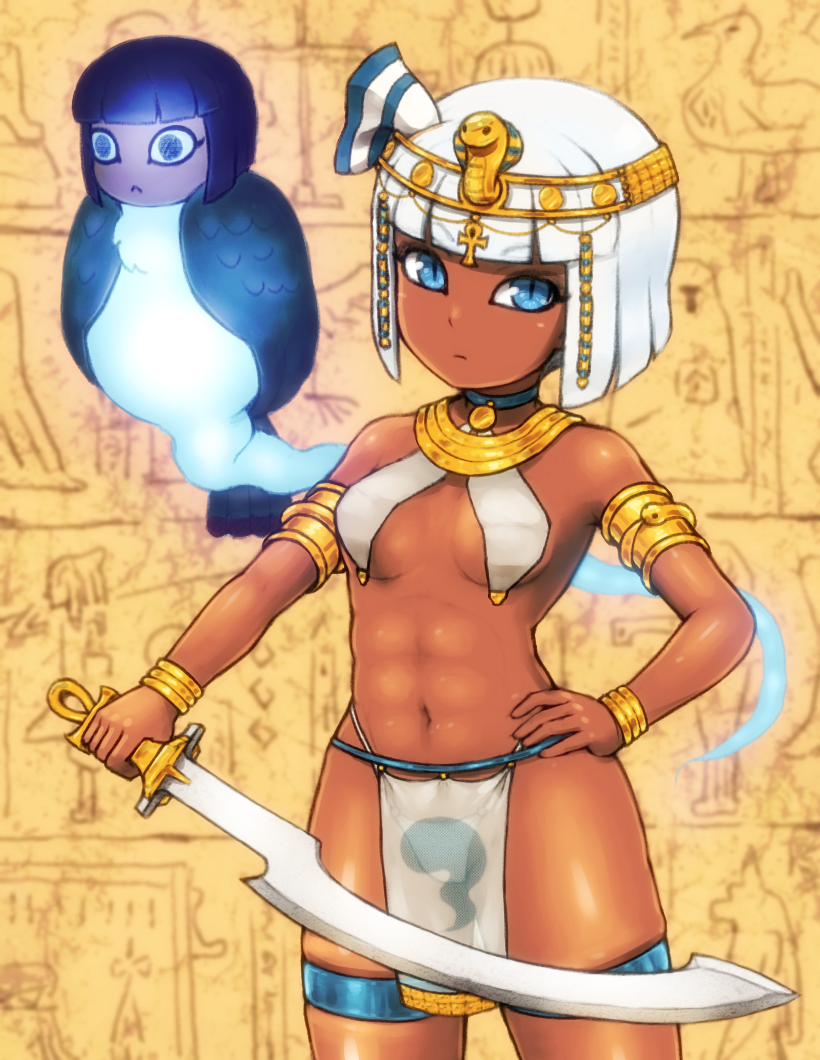 1girl, :<, alternate_skin_color, alternate_weapon, ankh, armlet, bangs, barefoot