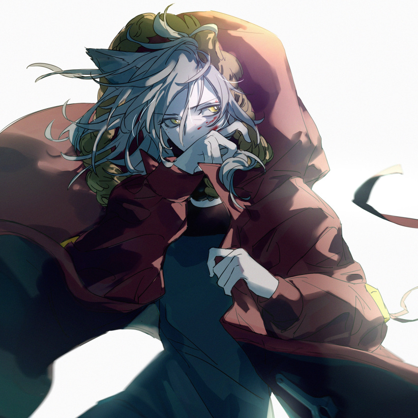 1girl, absurdres, animal_ears, arknights, bangs, blood, blood_on_face, coat