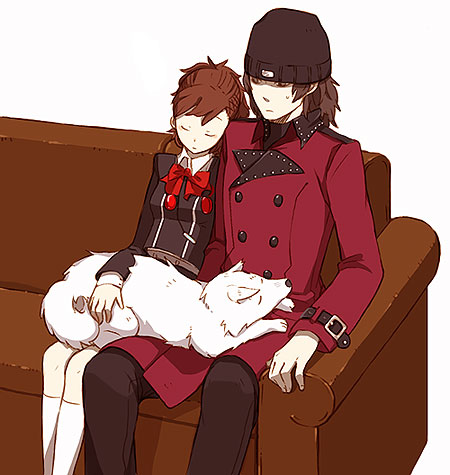 aragaki_shinjirou, beanie, bow, brown_hair, canary000, couch, couple, dog, female_protagonist_(persona_3), hat, headphones, koromaru, lowres, persona, persona_3, persona_3_portable, school_uniform, short_hair, sleeping, trench_coat, trenchcoat