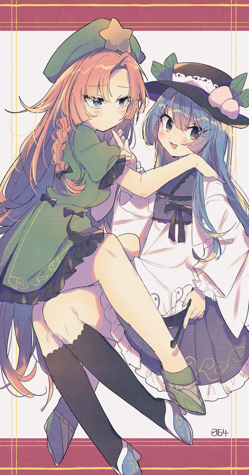 2girls, absurdres, adapted_costume, bangs, black_headwear, black_legwear, blue_hair, blush