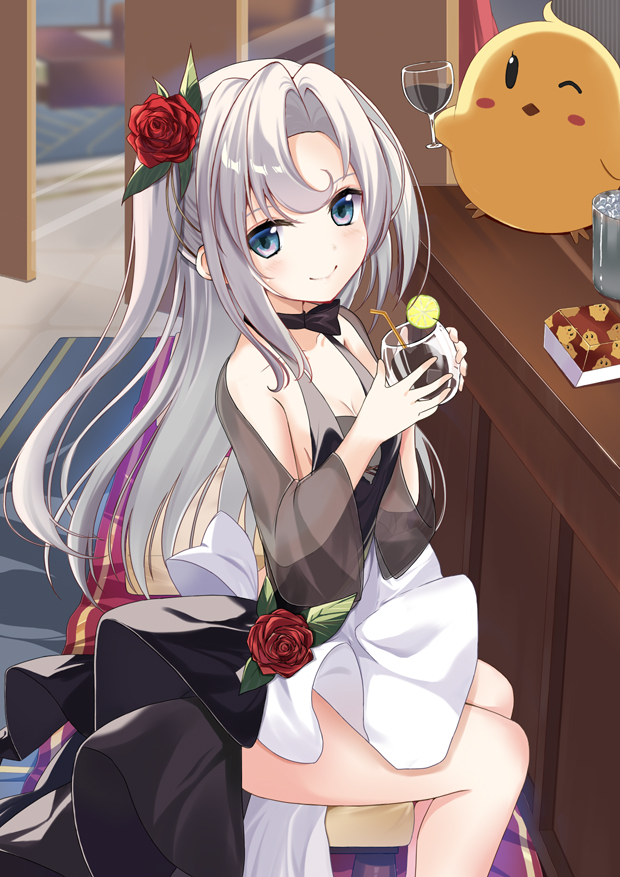 1girl, azur_lane, bird, blush, cup, dress, drinking_glass, flower, ice_bucket, iro83x3, long_hair, looking_at_viewer, manjuu_(azur_lane), one_eye_closed, rose, skirt, vincenzo_gioberti_(azur_lane), vincenzo_gioberti_(fair_lady's_invitation)_(azur_lane), white_skirt, wine_glass
