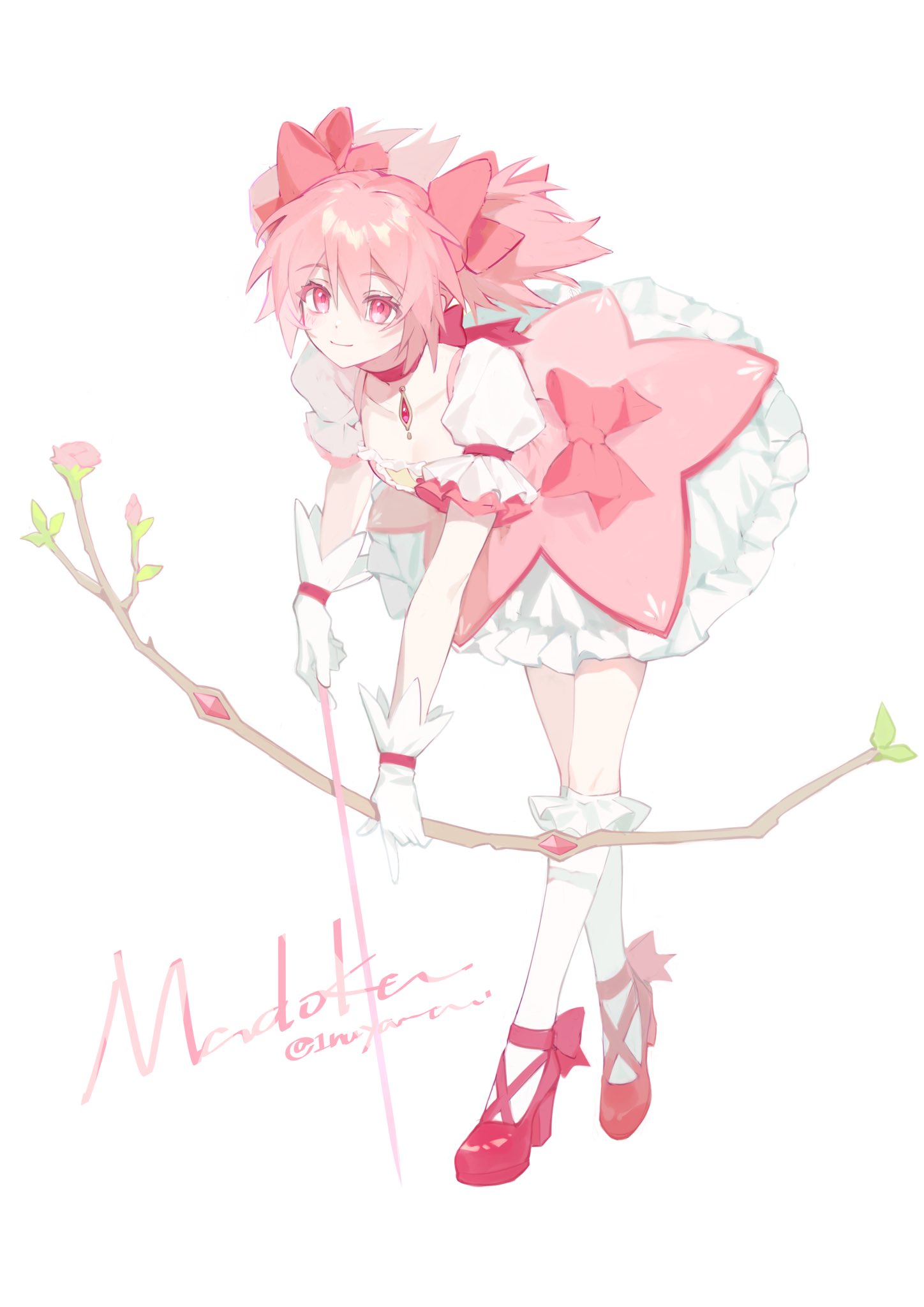 1girl, bangs, bow, bow_(weapon), choker, dress, flower, frilled_dress