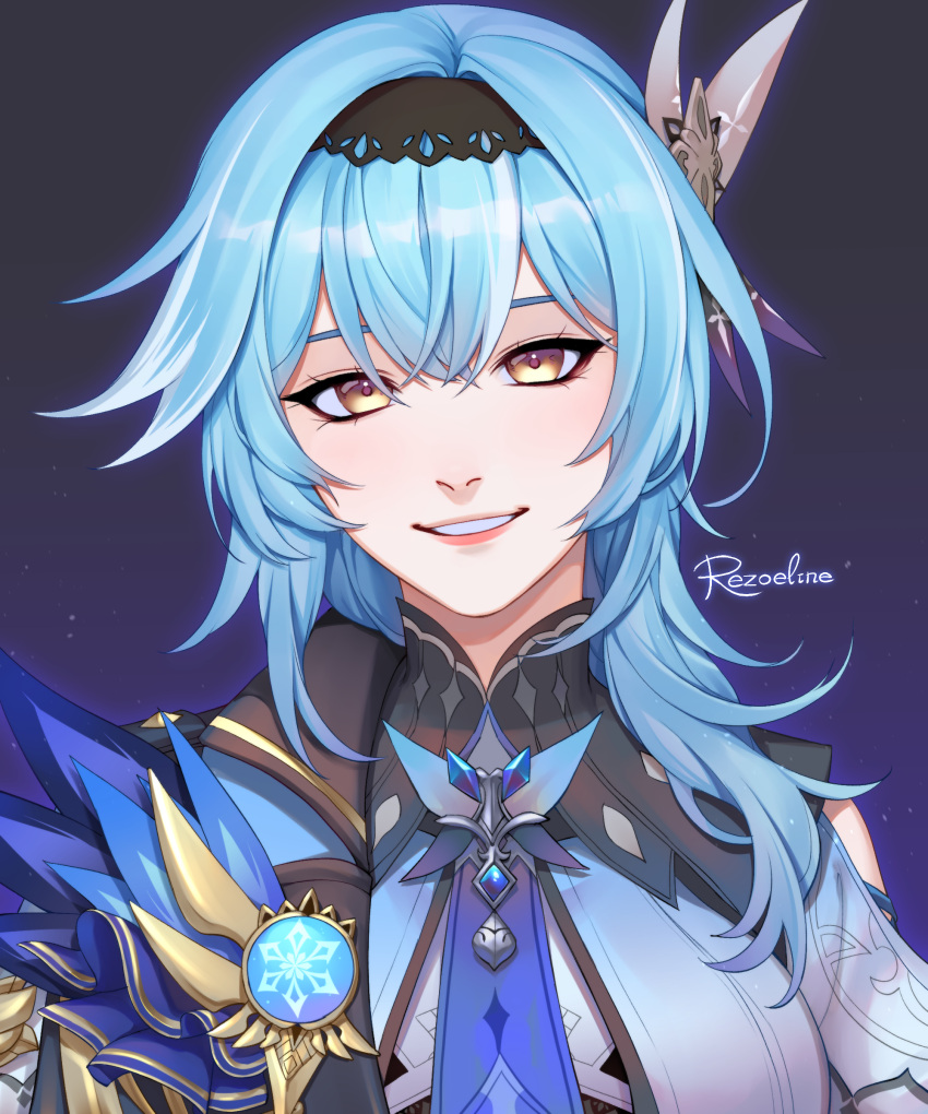 1girl, :d, absurdres, bangs, blue_hair, cape, close-up, commentary