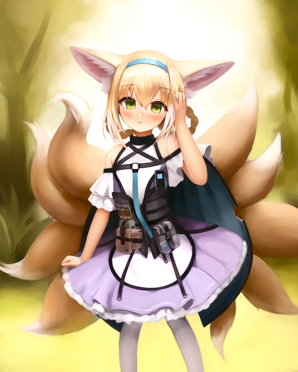 1girl, animal_ears, arknights, blonde_hair, blue_hairband, blush, braid, closed_mouth
