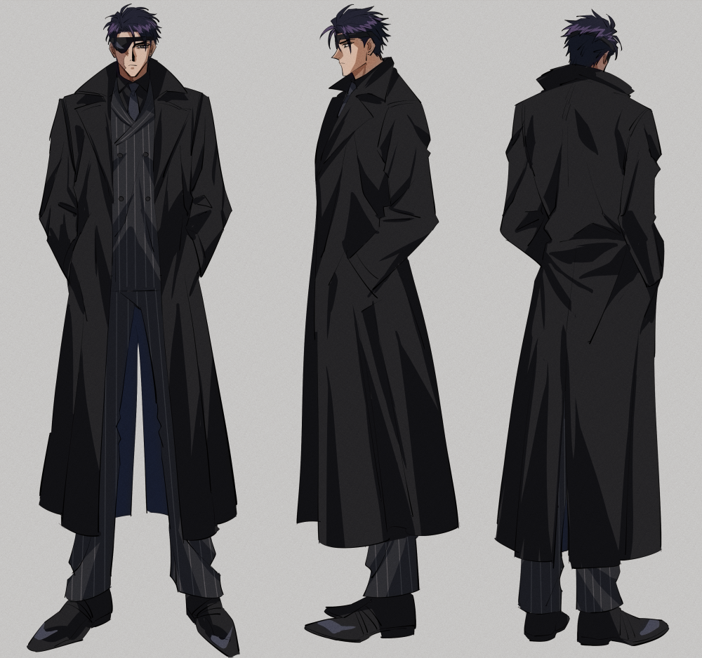 1boy, black_coat, black_footwear, black_hair, black_pants, coat, eyepatch, facing_away