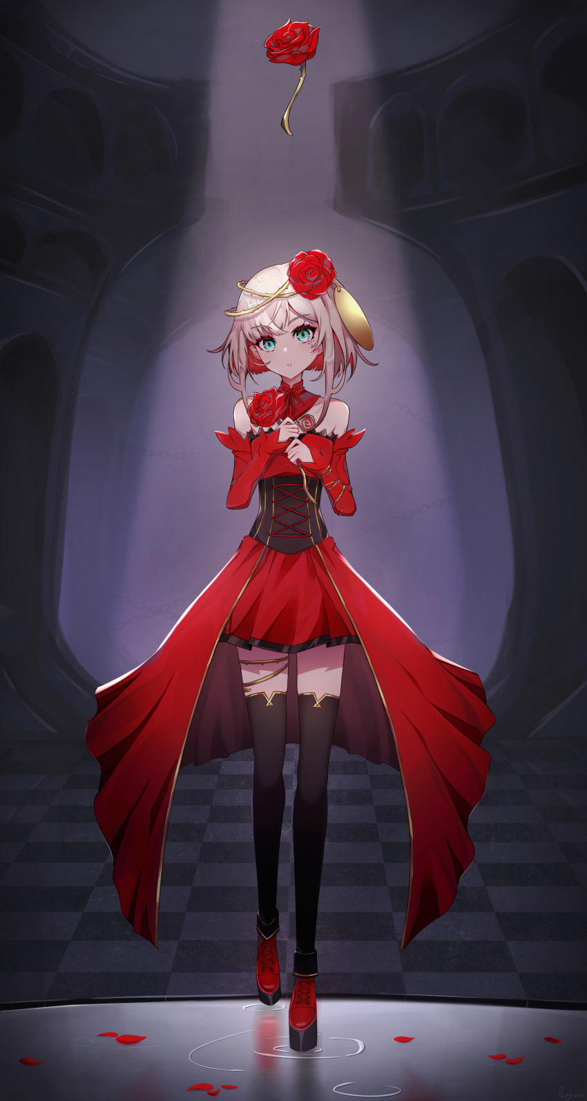 1girl, absurdres, aqua_eyes, bare_shoulders, black_legwear, commentary, destiny_(takt_op.), detached_collar