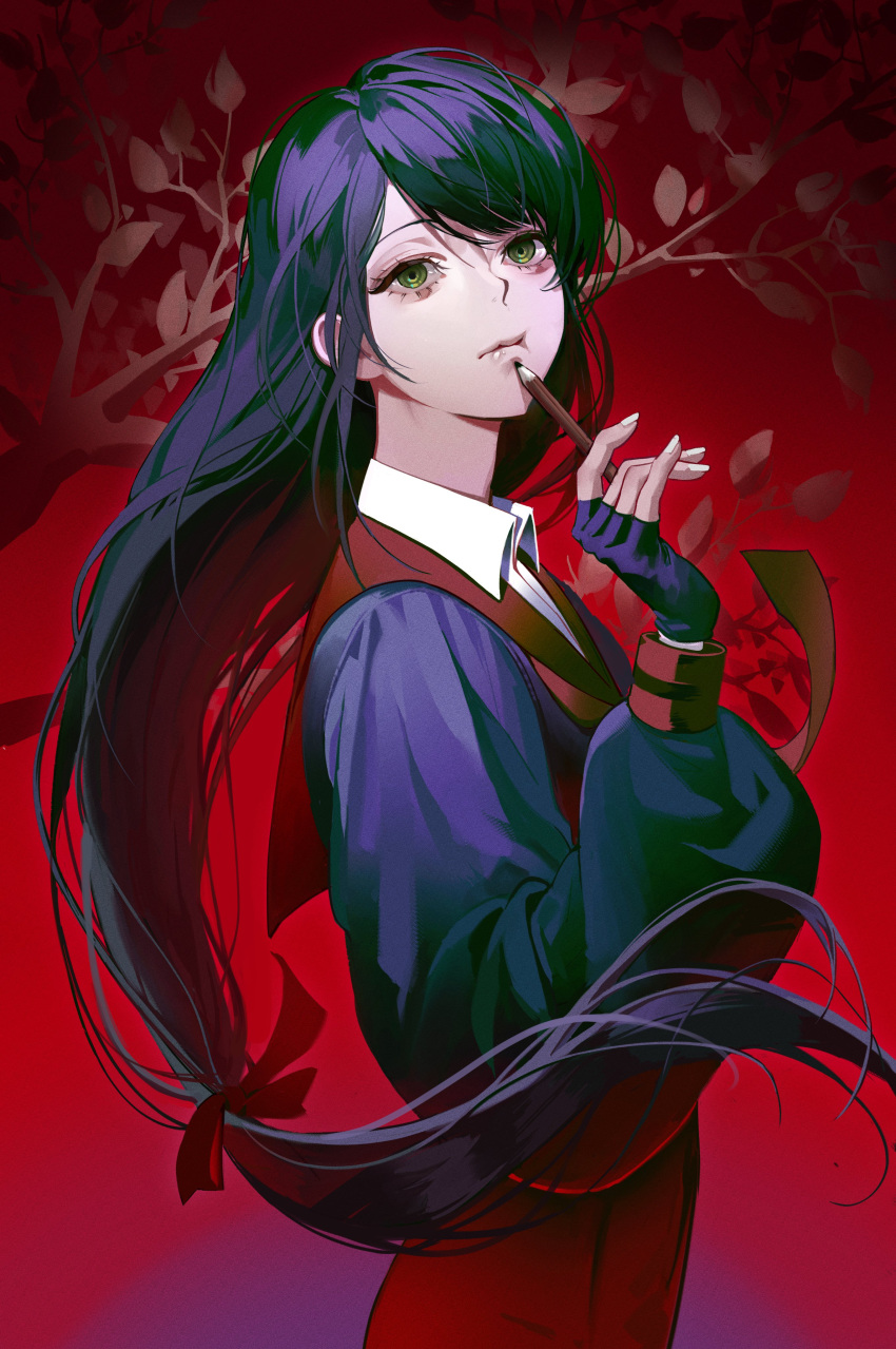 1girl, absurdres, black_gloves, blue_hair, blue_shirt, bow, branch, collared_shirt