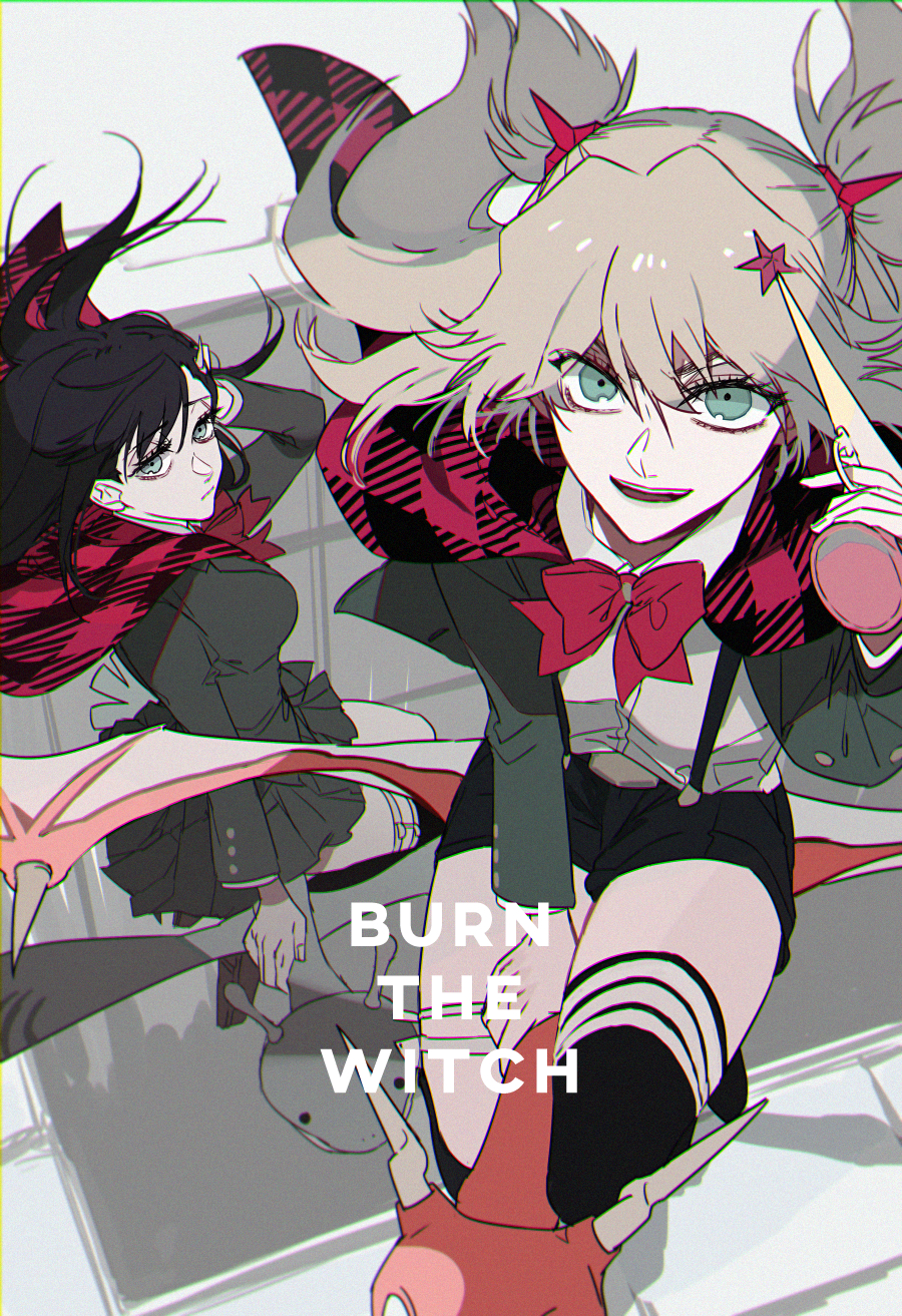 2girls, :d, black_hair, black_legwear, black_shorts, blonde_hair, bow, bowtie, burn_the_witch, closed_mouth, dragon, ebanoniwa, floating_hair, flying, green_eyes, green_jacket, hair_ornament, hand_up, highres, holding, jacket, looking_at_viewer, multiple_girls, niihashi_noel, ninny_spangcole, open_clothes, open_jacket, pelagia, red_bow, red_neckwear, riding, school_uniform, shawl, shirt, short_shorts, shorts, smile, star_(symbol), star_hair_ornament, suspender_shorts, suspenders, thigh-highs, twintails, white_shirt