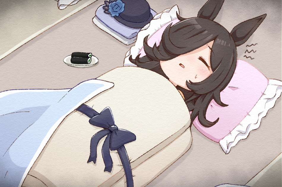 1girl, animal_ears, bangs, black_hair, blanket, blue_bow, blue_ribbon, bow