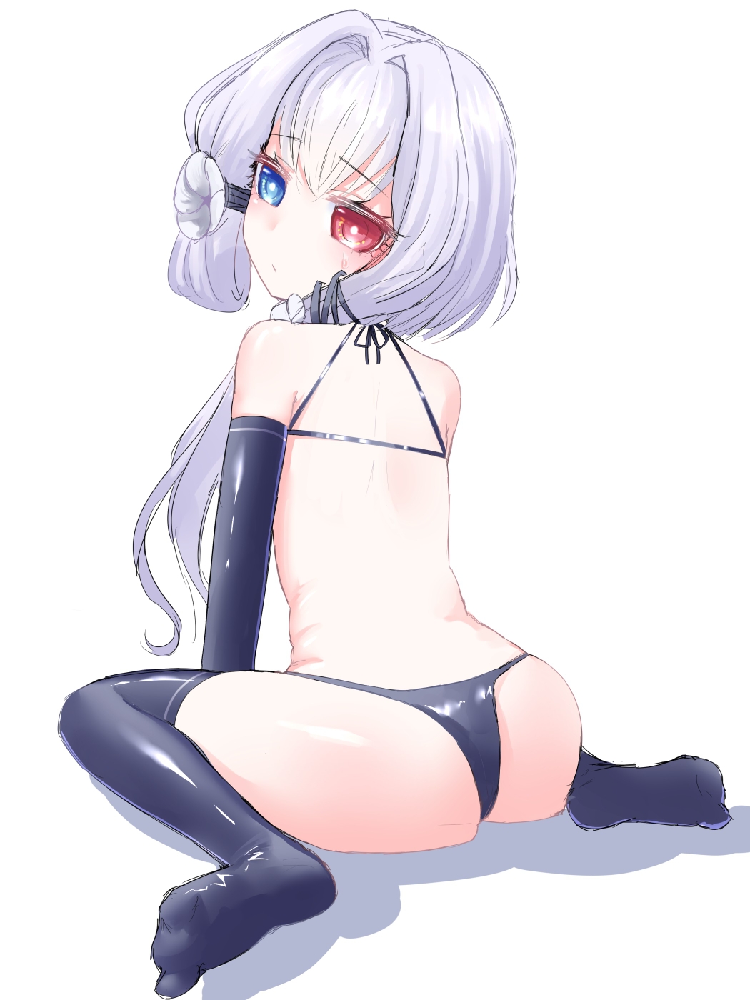 compass, 1girl, :/, back, black_legwear, black_panties, blue_eyes, bright_pupils