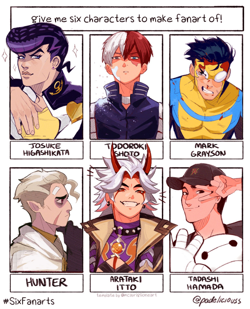 6+boys, arataki_itto, bandage_on_face, bandages, baseball_cap, baymax, big_hero_6, black_hair