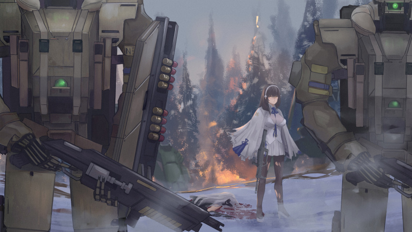 2girls, absurdres, black_hair, blood, breasts, corpse, cyclops_(girls'_frontline), gager_(girls'_frontline)