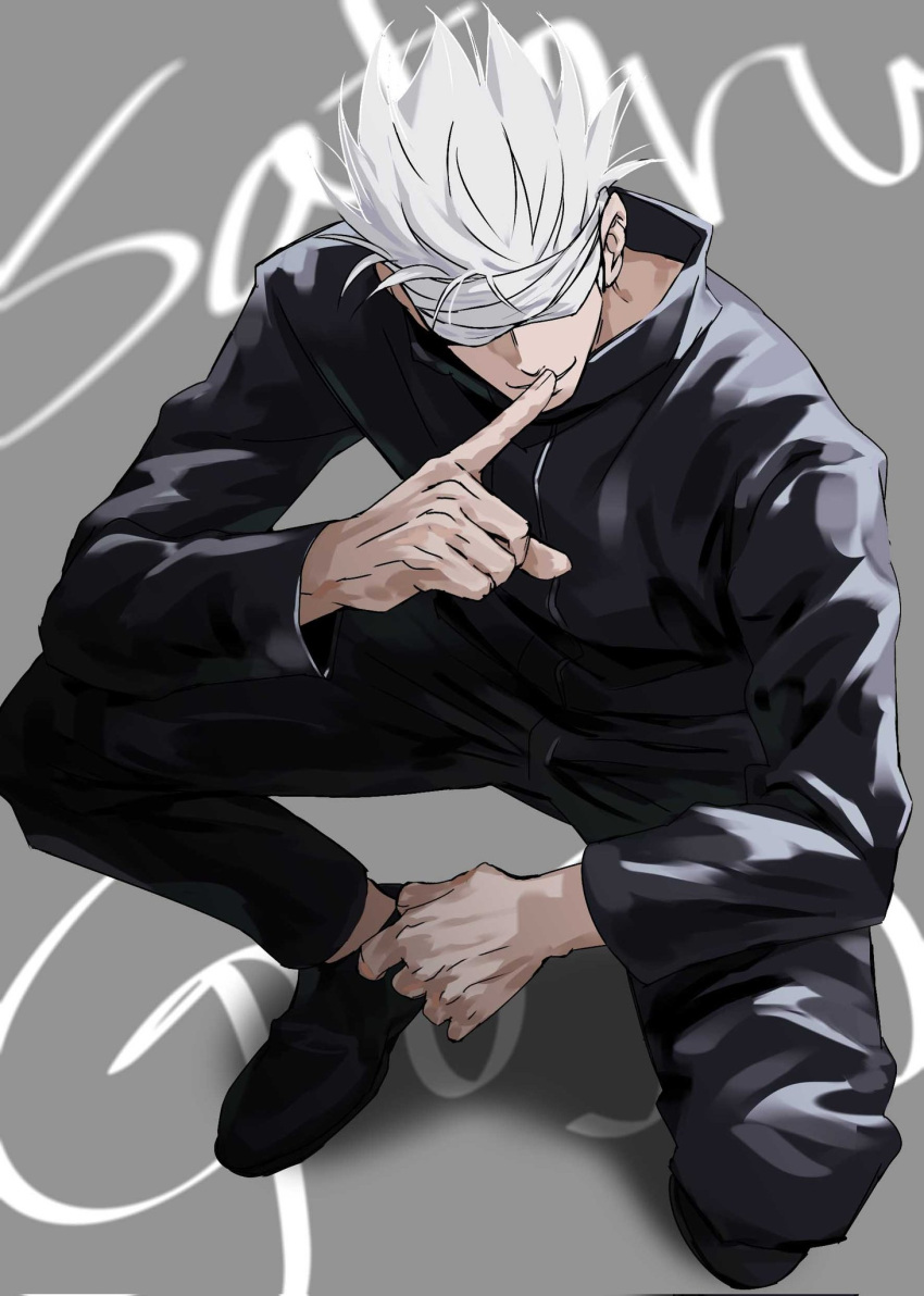 1boy, bandages, bandages_over_eyes, black_footwear, black_jacket, black_pants, character_name, covered_eyes