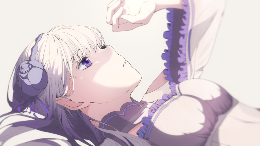 1girl, bangs, blunt_bangs, emilia_(re:zero), eyebrows_visible_through_hair, flower, frilled_sleeves, frills, hair_flower, hair_ornament, hand_over_eye, highres, isoooo, lying, on_back, parted_lips, re:zero_kara_hajimeru_isekai_seikatsu, rose, silver_hair, solo, violet_eyes, white_flower, white_rose