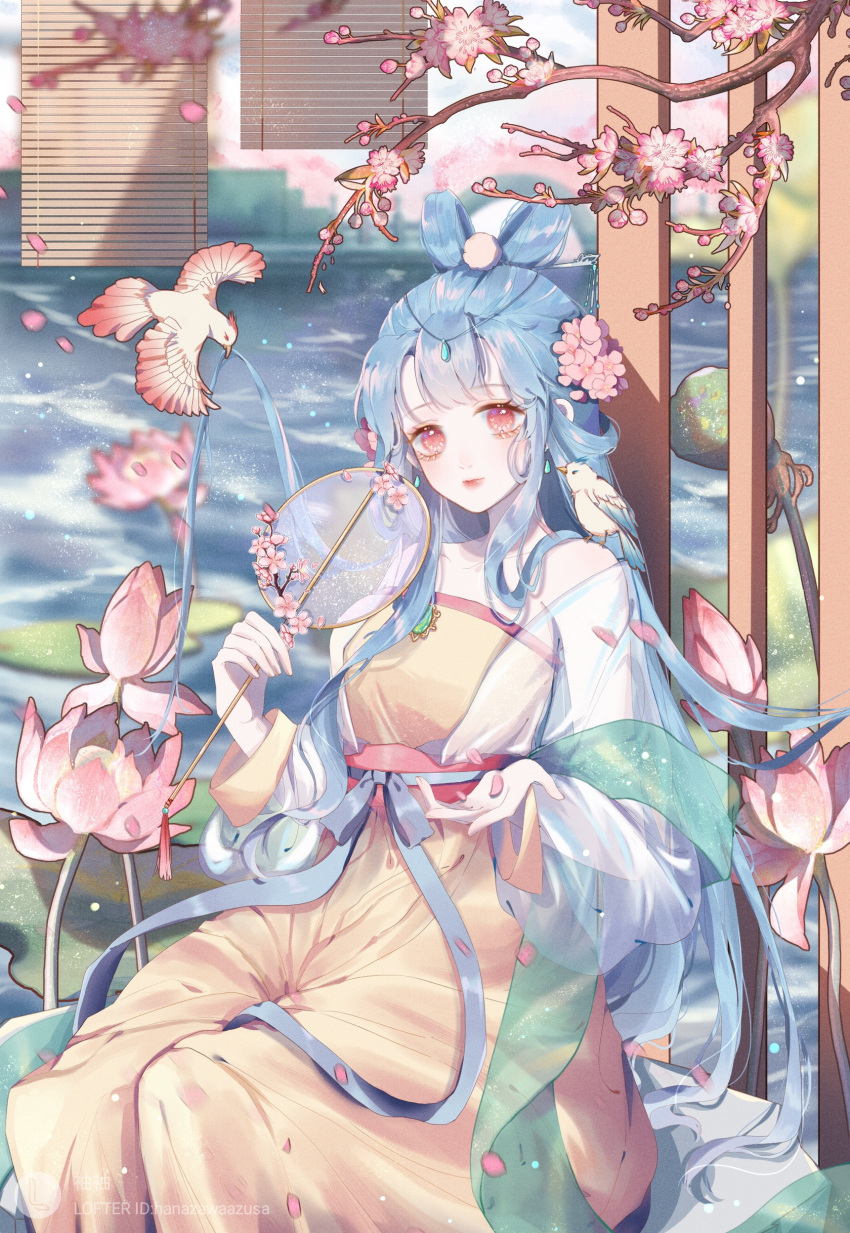 1girl, absurdres, animal_on_shoulder, bangs, bird, bird_on_shoulder, blue_hair, blue_ribbon