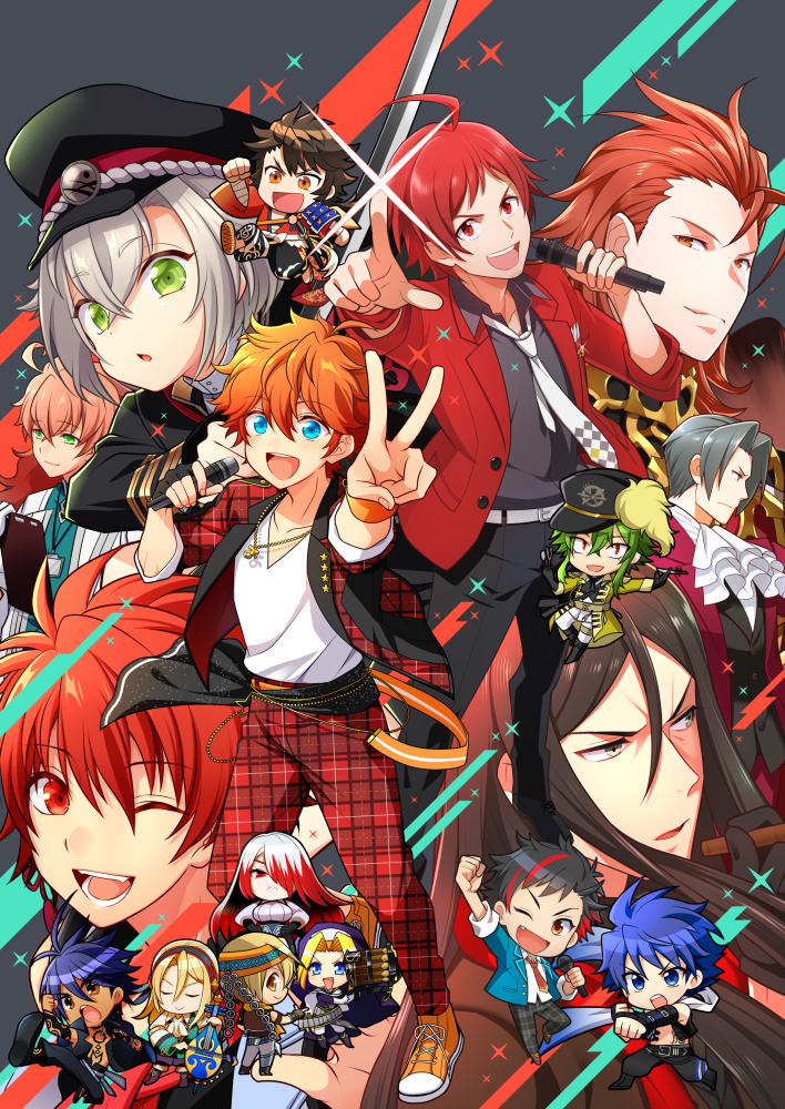 6+boys, :d, ace_attorney, ahoge, akehoshi_subaru, ascot, bangs, belt, black_gloves, black_hair, black_headwear, black_pants, blue_eyes, blue_hair, brown_eyes, character_request, chibi, clipboard, closed_eyes, copyright_request, crossover, cutlery_(senjuushi), ensemble_stars!, fate/grand_order, fate_(series), gloves, granblue_fantasy, grey_hair, hairband, hat, headband, holding, holding_clipboard, holding_microphone, hotarumaru, idolmaster, idolmaster_side-m, ittoki_otoya, jacket, long_hair, looking_at_viewer, lord_el-melloi_ii, lord_el-melloi_ii_case_files, male_focus, megido72, messy_hair, microphone, miles_edgeworth, multicolored_hair, multiple_boys, multiple_crossover, nagumo_tetora, necktie, orange_footwear, orange_hair, pants, parted_bangs, plaid, plaid_jacket, plaid_pants, red_eyes, red_jacket, red_pants, redhead, romani_archaman, senjuushi:_the_thousand_noble_musketeers, senjuushi_(series), shatou_(c-com), shirt, shoes, single_glove, smile, spiky_hair, streaked_hair, tan, touken_ranbu, two-tone_hair, uta_no_prince-sama, v, waver_velvet, white_hair, white_shirt