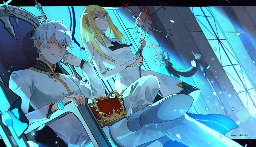 bangs, bangsutur, blonde_hair, blue_eyes, blunt_bangs, crown, curly_hair, dress