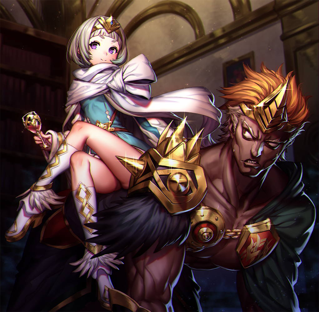 1boy, 1girl, alcohol, armor, ass, bangs, blue_dress, cape