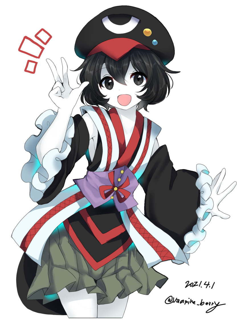 1other, androgynous, black_eyes, black_hair, cabbie_hat, colored_skin, detached_sleeves, geta, hat, highres, japanese_clothes, len'en, open_mouth, ougi_hina, red_ribbon, rei_(len'en), ribbon, short_hair, shorts, smile, solo, v, white_skin