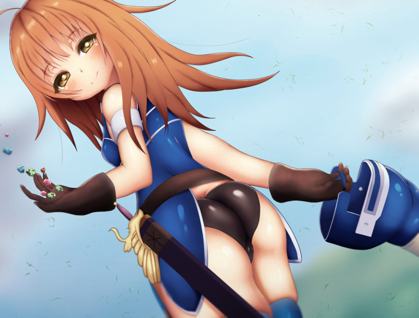 1girl, armor, ass, belt, black_panties, blue_armor, breasts, brown_eyes