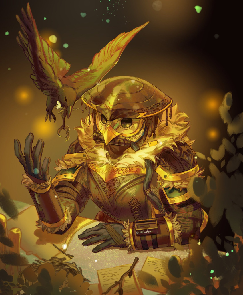 1other, apex_legends, armor, bird, black_eyes, black_gloves, bloodhound_(apex_legends), branch
