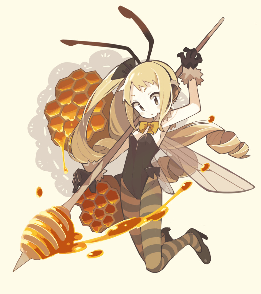 1girl, aida_(aidia), antennae, arm_up, arthropod_girl, bee_girl, black_bow, black_footwear