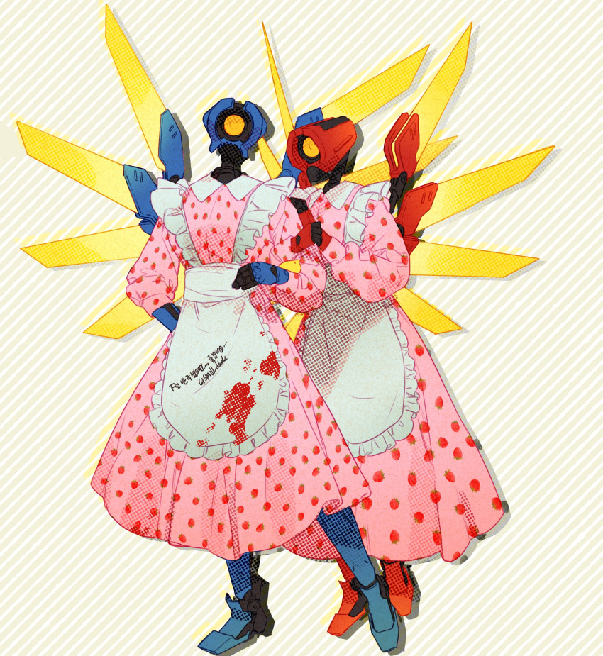 absurdres, apron, blood, dress, energy_wings, food_print, highres, humanoid_robot
