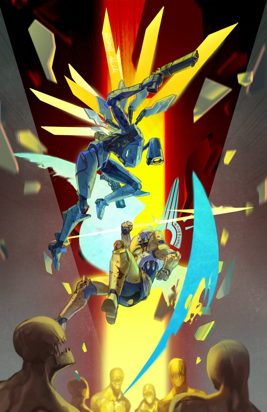 absurdres, blood, clenched_hands, dual_wielding, energy_wings, flying, gabriel_(ultrakill), gun