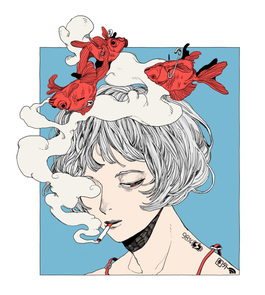 1girl, blue_background, border, charging_device, cigarette, collarbone, commentary_request, grey_hair
