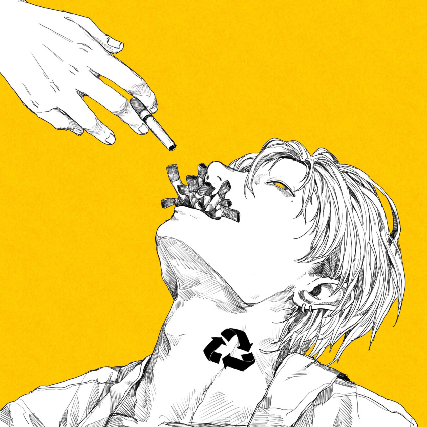 1boy, adam's_apple, arrow_(symbol), cigarette, commentary_request, earrings, highres, jewelry