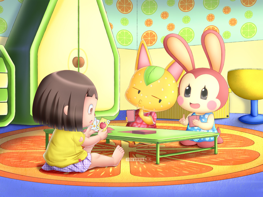 3girls, alcyoneax, animal_crossing, barefoot, black_eyes, blue_shirt, blush_stickers, brown_eyes