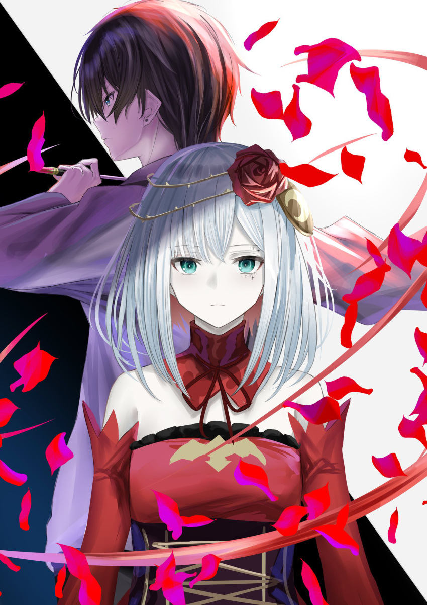 1boy, 1girl, asahina_takt, bangs, bare_shoulders, black_background, blue_background, blue_eyes