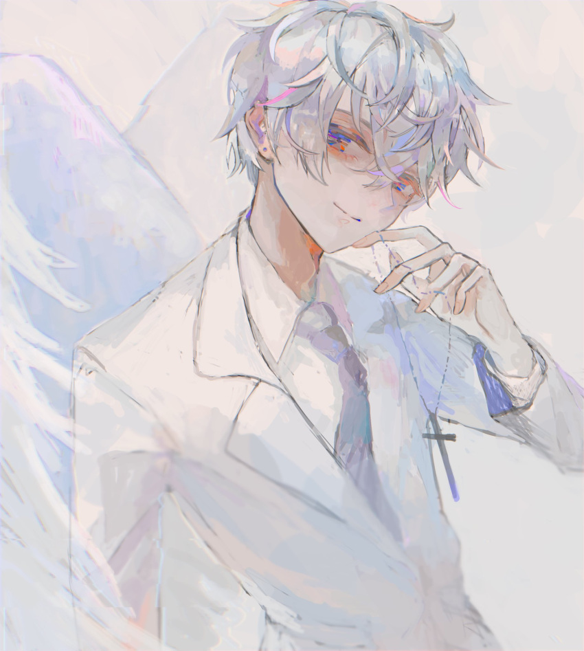 1boy, angel_wings, blue_eyes, closed_mouth, collared_shirt, commentary_request, cross, cross_necklace
