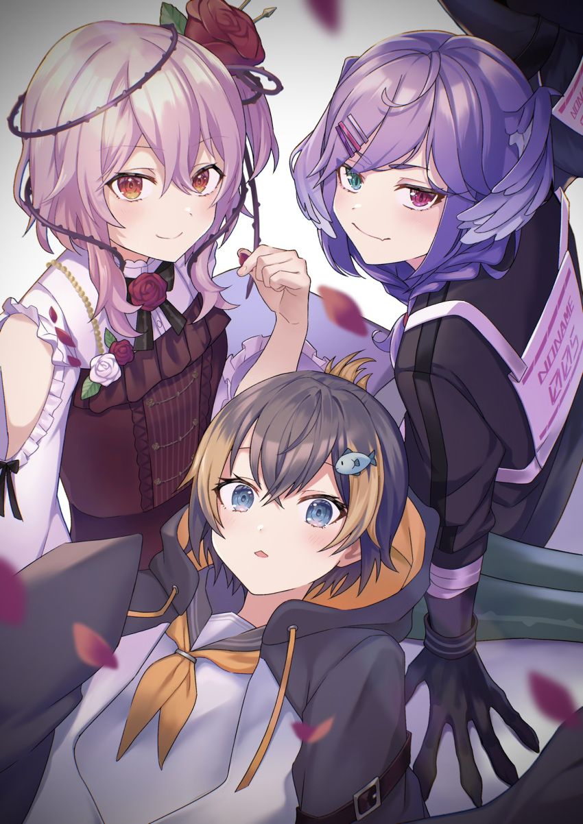 3girls, bangs, black_hoodie, black_sweater, blue_eyes, brown_hair, clothing_cutout, dress
