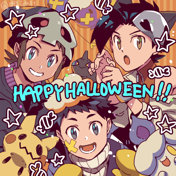 3boys, :d, :o, alternate_costume, black_hair, blue_eyes, brendan_(pokemon), brown_eyes