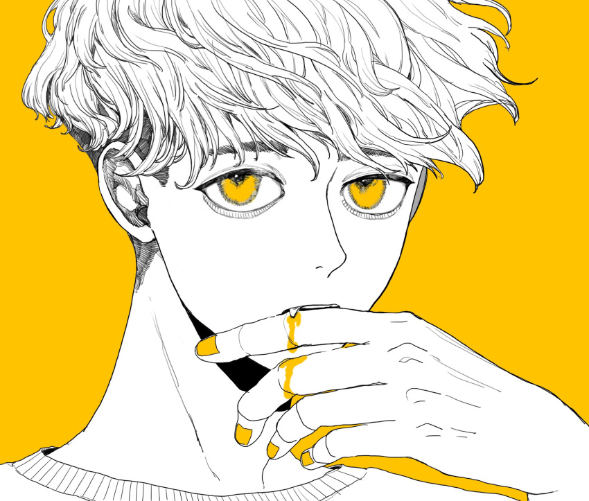 1boy, biting, blood, blood_on_hands, commentary_request, face, fang, finger_biting